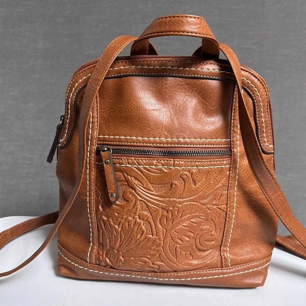 b.o.c. Born Backpack Brown Tooled Floral Faux Leather Everyday Bag Purse Casual